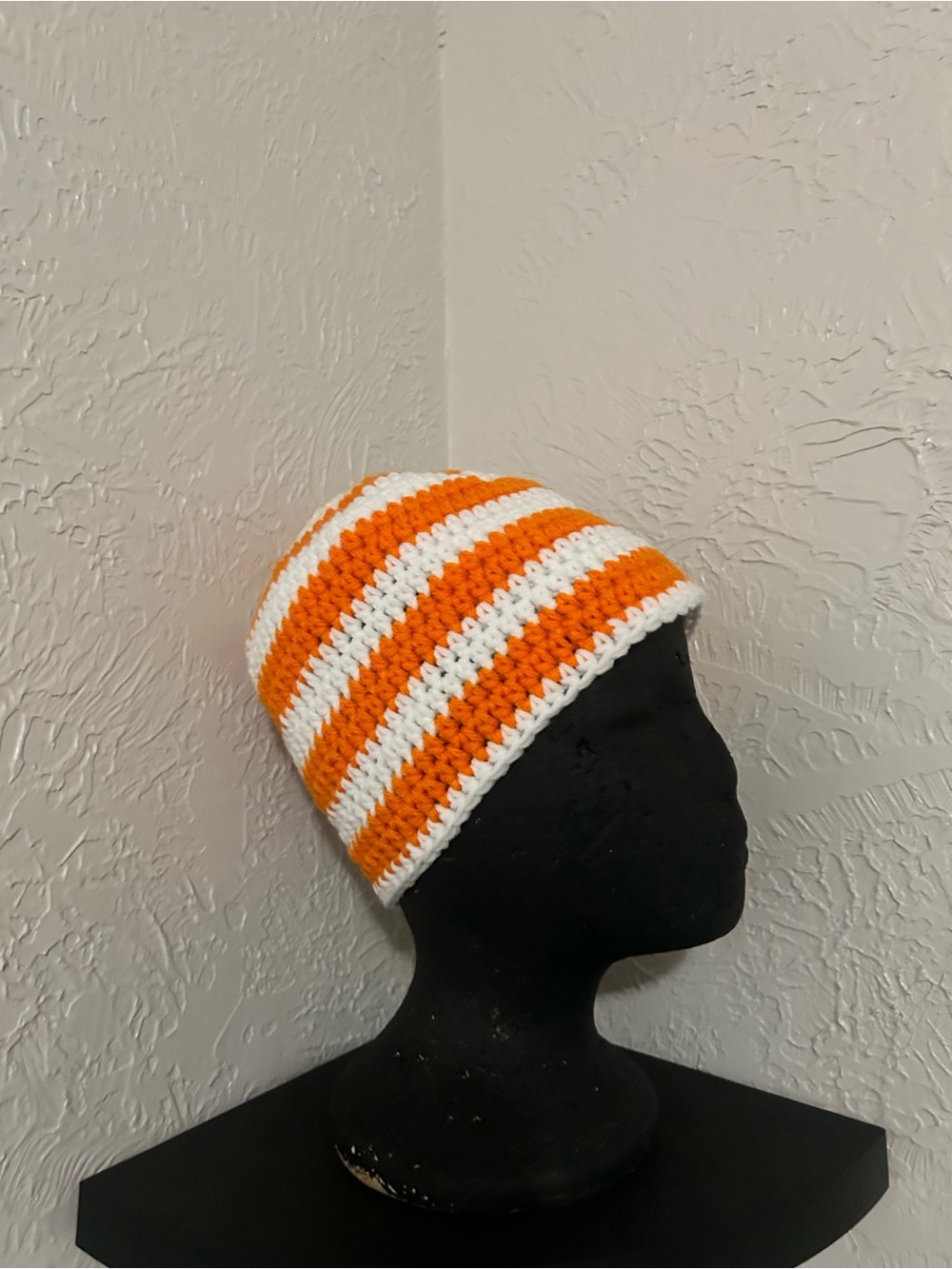 Striped Crochet Beanie Hat - Orange & White